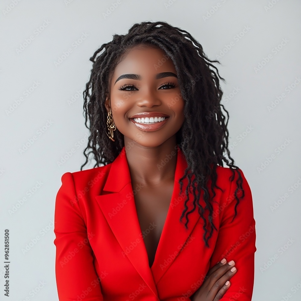 Professional woman in red blazer smiling confidently, exuding warmth and approachability with a stylish modern appearance. Professional woman in red blazer smiling confidently, exuding warmth and approachability with a stylish modern appearance.