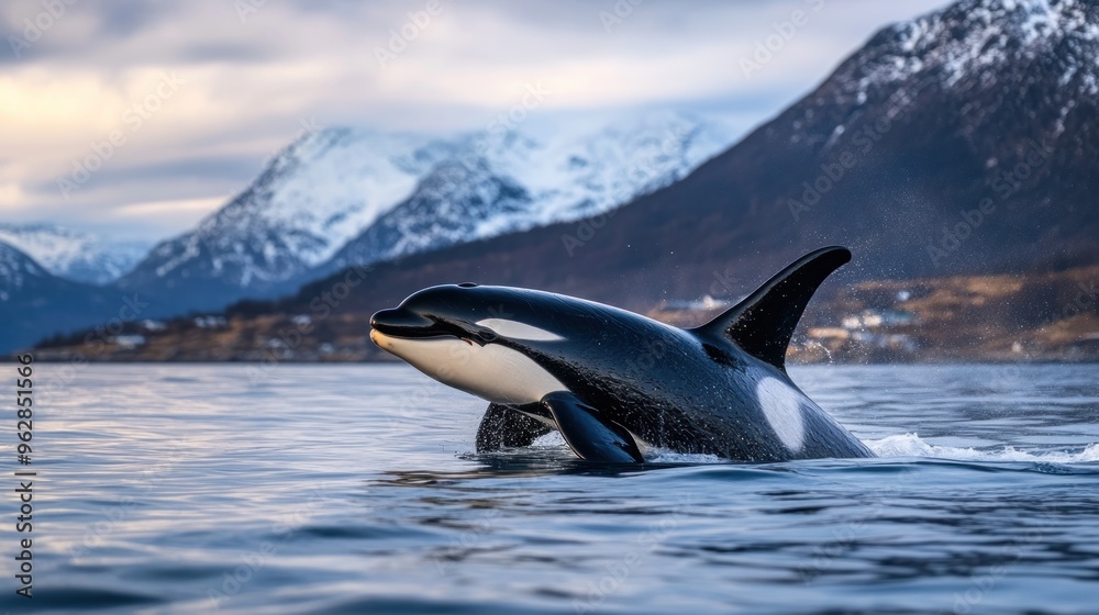 Fototapeta premium A majestic orca surfacing in cold ocean waters with snow-capped mountains in the background - AI Generated Digital Art.