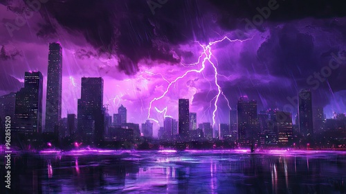 Dramatic storm with purple lightning bolts streaking across the city, creating an electrifying and surreal atmosphere as the lightning illuminates the urban environment.