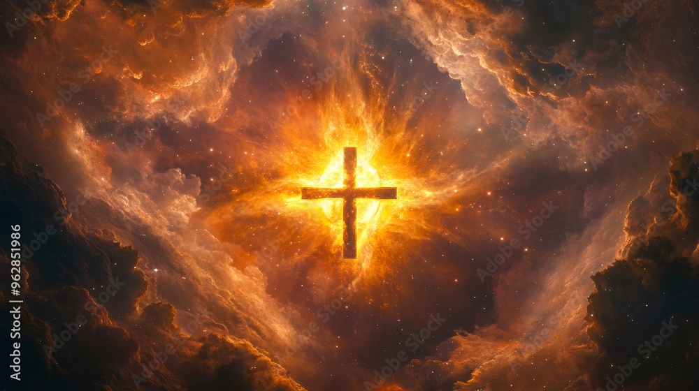 A glowing cross shines brightly in the middle of a fiery nebula with stars. A glowing cross shines brightly in the middle of a fiery nebula with stars.