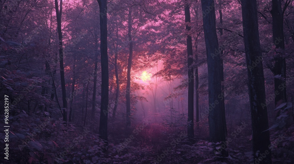 Fototapeta premium a forest in autumn, bathed in the soft purple and pink hues of a setting sun