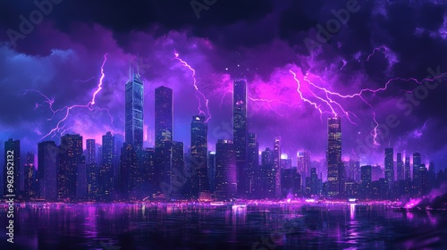 Electric storm with vivid purple lightning bolts over the city, highlighting the urban skyline and creating a dramatic and intense visual contrast against the night.