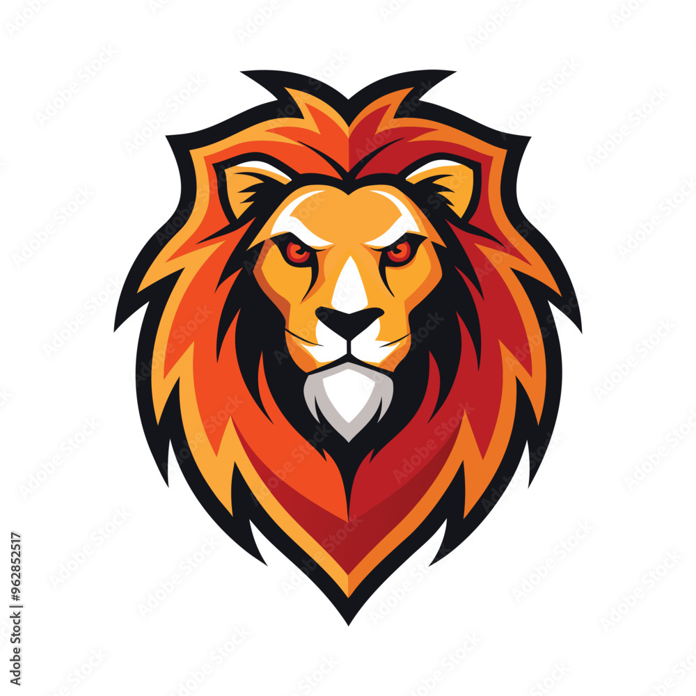 Fototapeta premium Fierce lion head logo with vibrant orange and red geometric mane in symmetrical vector art style