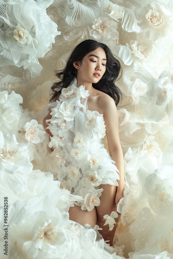 Asian woman stands elegantly in white dress adorned with flowers. High-end fashion features perfume concept, graceful pose. Serene beauty of woman surrounded by floral pattern. Asian woman stands elegantly in white dress adorned with flowers. High-end fashion features perfume concept, graceful pose. Serene beauty of woman surrounded by floral pattern.
