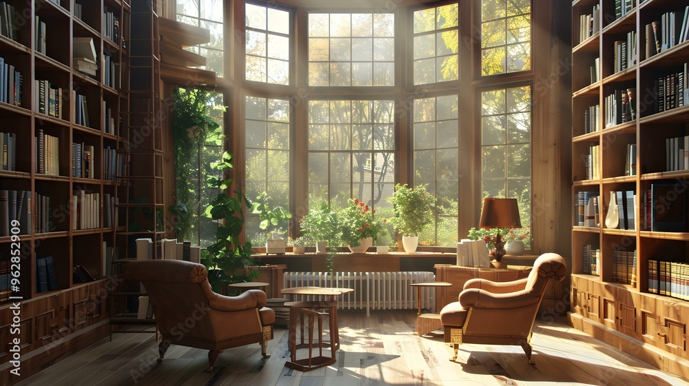 Sunlit Library Interior with Bookshelves and Armchairs Sunlit Library Interior with Bookshelves and Armchairs