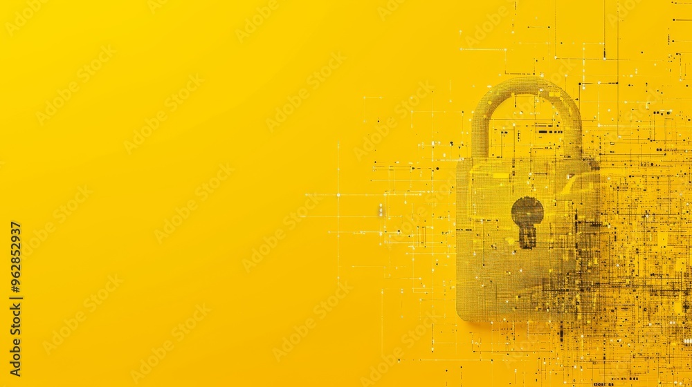 A fragmented digital lock on a vibrant yellow backdrop, symbolizing the integration of technology and security. The image showcases the detailed inner workings of the lock, representing concepts of