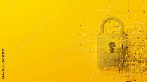 Obraz na płótnie A fragmented digital lock on a vibrant yellow backdrop, symbolizing the integration of technology and security. The image showcases the detailed inner workings of the lock, representing concepts of w salonie