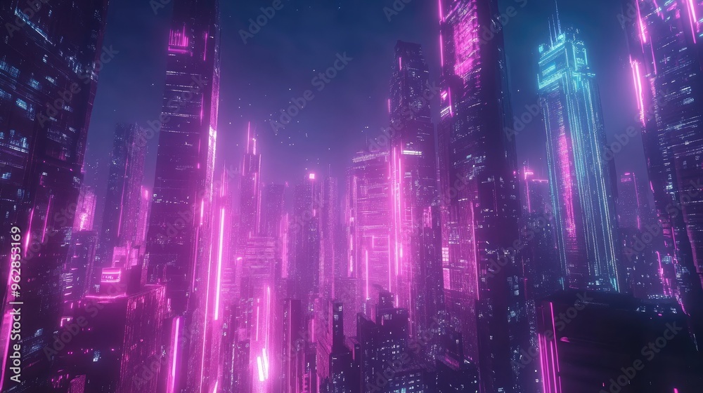 Futuristic city with panoramic urban architecture and glowing neon lights, emphasizing high-tech and digital technology concepts. Futuristic city with panoramic urban architecture and glowing neon lights, emphasizing high-tech and digital technology concepts.