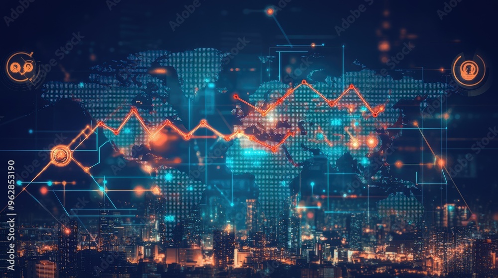 Fototapeta premium Global energy icons over a world map with an upward arrow, highlighting the increase in electricity costs across markets.