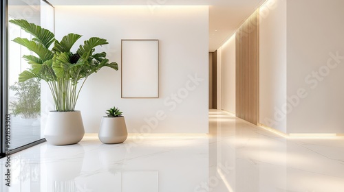 Minimalist luxury hallway with marble floors, simple yet elegant artwork, and soft lighting, leading to a grand entryway