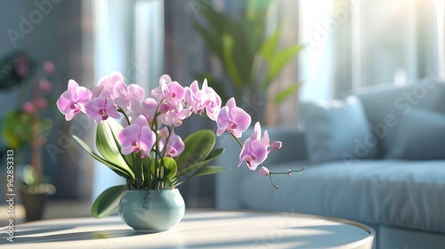 Pink Orchid in a Pot on a Table in a Living Room