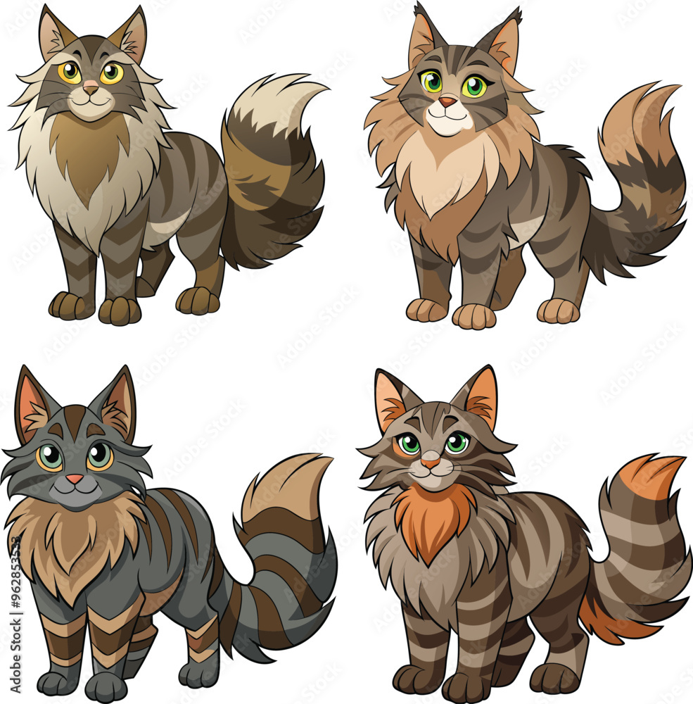 Fototapeta premium Maine Coon Cat Vector with Fluffy Fur set