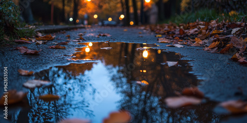 A puddle on a wet path reflects glowing streetlights and fallen autumn leaves, creating a moody evening scene in the park. 