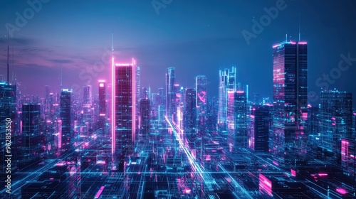 High-tech cityscape with modern architecture and neon light effects, presenting a panoramic view that emphasizes futuristic digital technology.