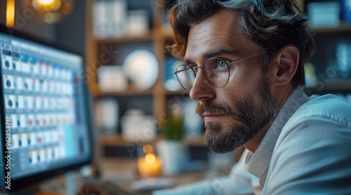 A man, Busy office administrator managing tasks and deadlines on a digital calendar. Generative AI.