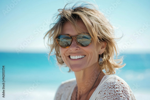  woman with glasses is smiling and sitting on the beach. 