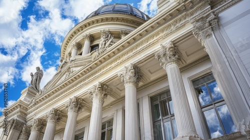 Historical courthouse building with a large dome and statues adorning the facade.