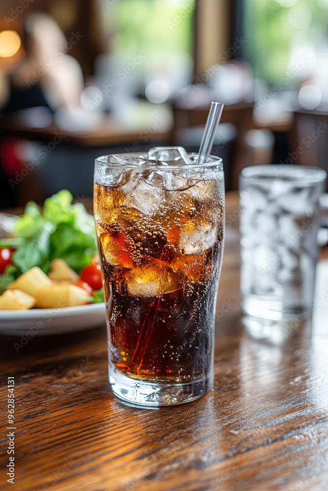 Double cool ice soft drink, cola, carbonated liquid, fresh food with sparkling water, white dish on wooden table Double cool ice soft drink, cola, carbonated liquid, fresh food with sparkling water, white dish on wooden table