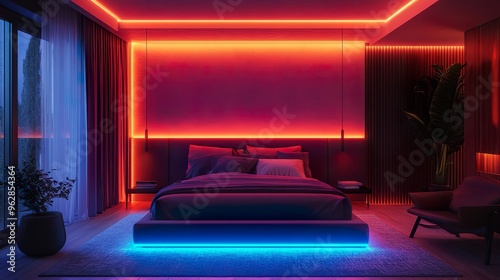 Wallpaper Mural Neon lights framing a contemporary bedroom design with a vibrant and futuristic aesthetic Torontodigital.ca