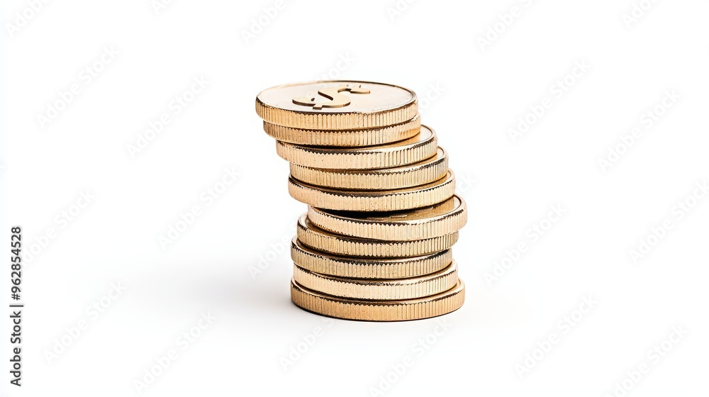Shining Golden Dollar Sign Resting on Pile of Coins on White Background Shining Golden Dollar Sign Resting on Pile of Coins on White Background