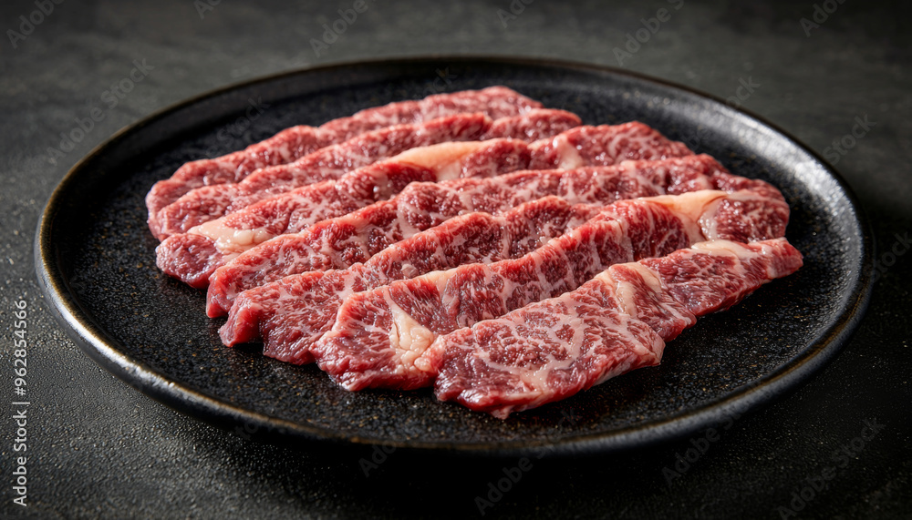 A plate of thinly sliced marbled beef, showcasing its rich texture and color, ideal for grilling or hot pot dishes. A plate of thinly sliced marbled beef, showcasing its rich texture and color, ideal for grilling or hot pot dishes.