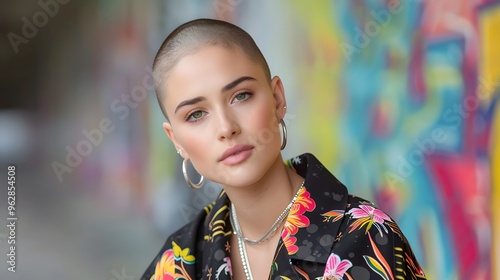 Woman with shaved head and fashionforward streetwear, confidently posing in a graffitifilled alley., photo