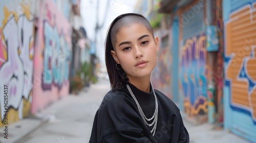 Woman with shaved head and fashionforward streetwear, confidently posing in a graffitifilled alley., photo