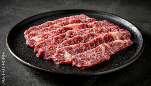 A plate of thinly sliced marbled beef, showcasing its rich texture and color, ideal for grilling or hot pot dishes.