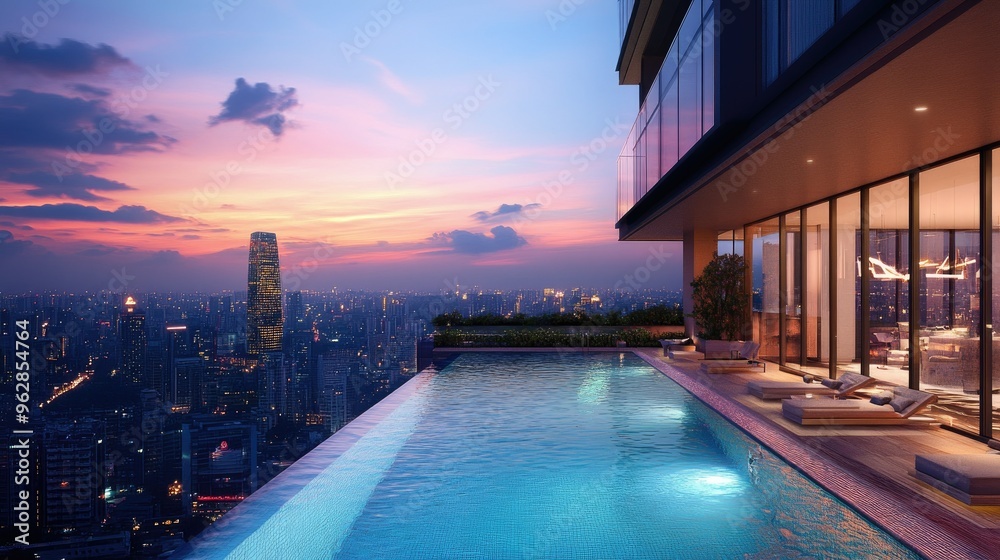 Fototapeta premium Luxury condominium tower with a rooftop infinity pool and city views.