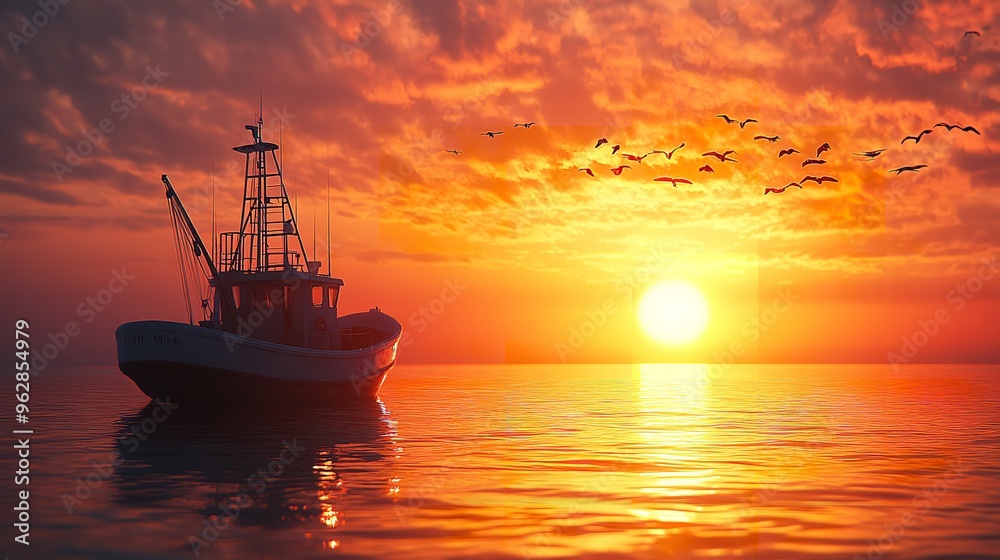 A lone boat sits on calm water at sunset, with a sky filled with colorful clouds and birds flying overhead. A lone boat sits on calm water at sunset, with a sky filled with colorful clouds and birds flying overhead.