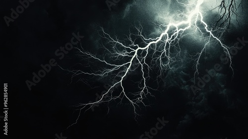 Massive lightning bolt with intricate branches lighting up the dark sky, isolated on a black background for a striking visual effect.