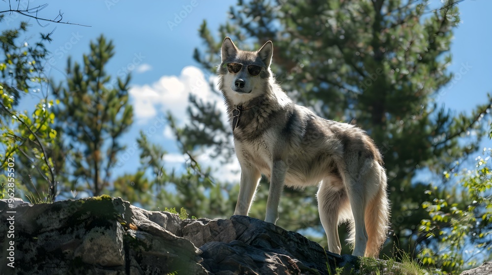 Wolf in Sunglasses Standing on a Rocky Outcrop in a Forest Wolf in Sunglasses Standing on a Rocky Outcrop in a Forest