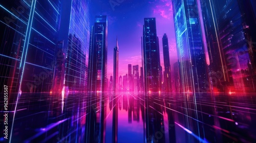 Modern urban architecture and cityscape bathed in neon light effects, creating a futuristic, hi-tech atmosphere. Ideal for science and technology themes.