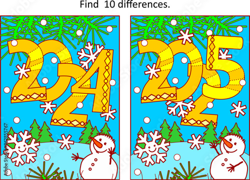 Years 2024 and 2025 difference game and coloring page with rasing year 2025 heading, cute little snowman, cheerful snowflake and outdoor winter scene
