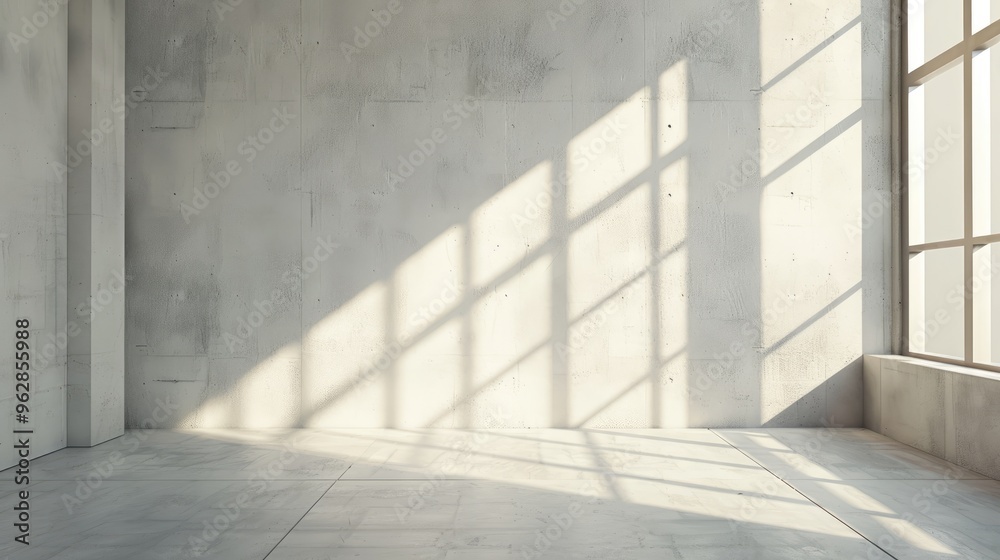 Obraz premium Room with window light shadows, simple design with concrete surfaces. Architecture showroom backdrop.
