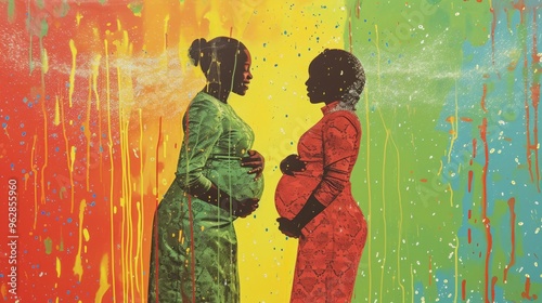 Fototapeta Naklejka Na Ścianę i Meble -  Artistic and colorful silhouettes of two pregnant women standing against a background filled with vibrant paint splashes. The image conveys creativity, motherhood, and the beauty of pregnancy