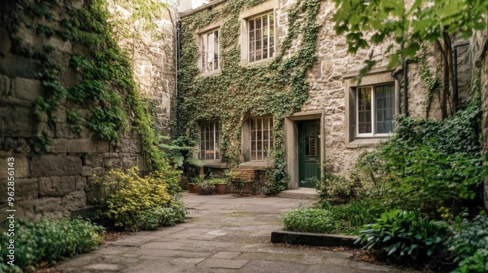 Old stone building with ivy creeping up the walls and a courtyard garden. Old stone building with ivy creeping up the walls and a courtyard garden.