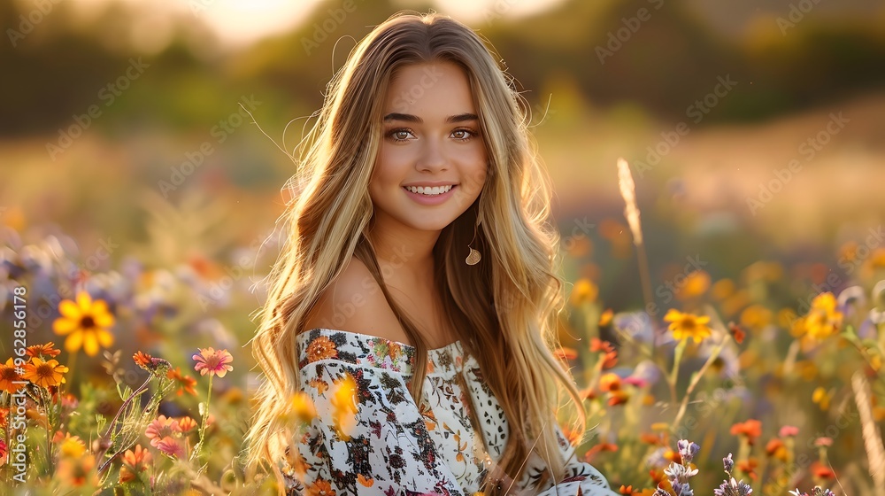 Young woman in bohemian chic fashion, sitting in a sunlit field of wildflowers., Young woman in bohemian chic fashion, sitting in a sunlit field of wildflowers.,