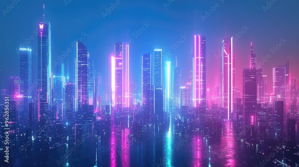 Panoramic cityscape featuring modern urban architecture with vibrant neon light effects. Futuristic technology and hi-tech science concept. Panoramic cityscape featuring modern urban architecture with vibrant neon light effects. Futuristic technology and hi-tech science concept.