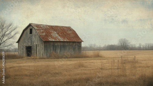 Old, weathered barn in a rural setting, surrounded by open fields.