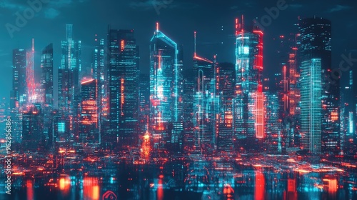 Panoramic cityscape featuring modern urban architecture with vibrant neon light effects. Futuristic technology and hi-tech science concept.