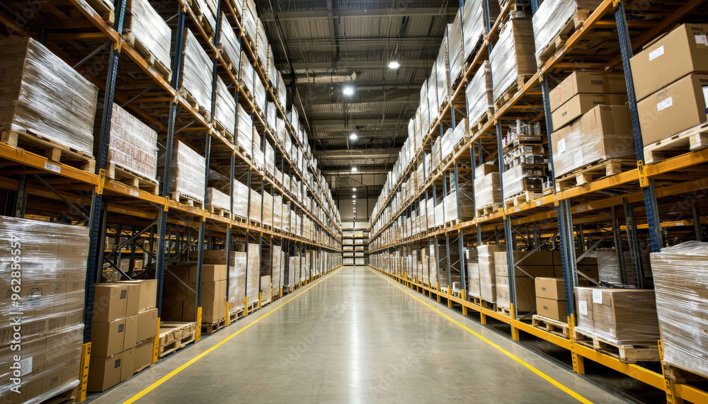 A spacious warehouse filled with stacked boxes on pallets, showcasing organized storage for inventory management. A spacious warehouse filled with stacked boxes on pallets, showcasing organized storage for inventory management.