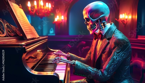 A skeleton dressed in a suit, playing a piano in a dimly lit room