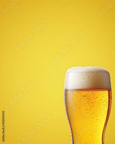 A high-definition close-up of a beer glass filled with golden beer and a frothy head, isolated on a bright yellow background. Space for commercial text provided at the bottom