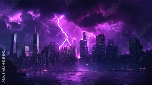 Purple lightning storm over the city, with bolts illuminating the night sky and casting a vibrant glow over the urban landscape, creating a stunning visual effect.