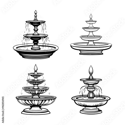Elegant Fountain Designs Hand-Drawn Illustrations of Water Features