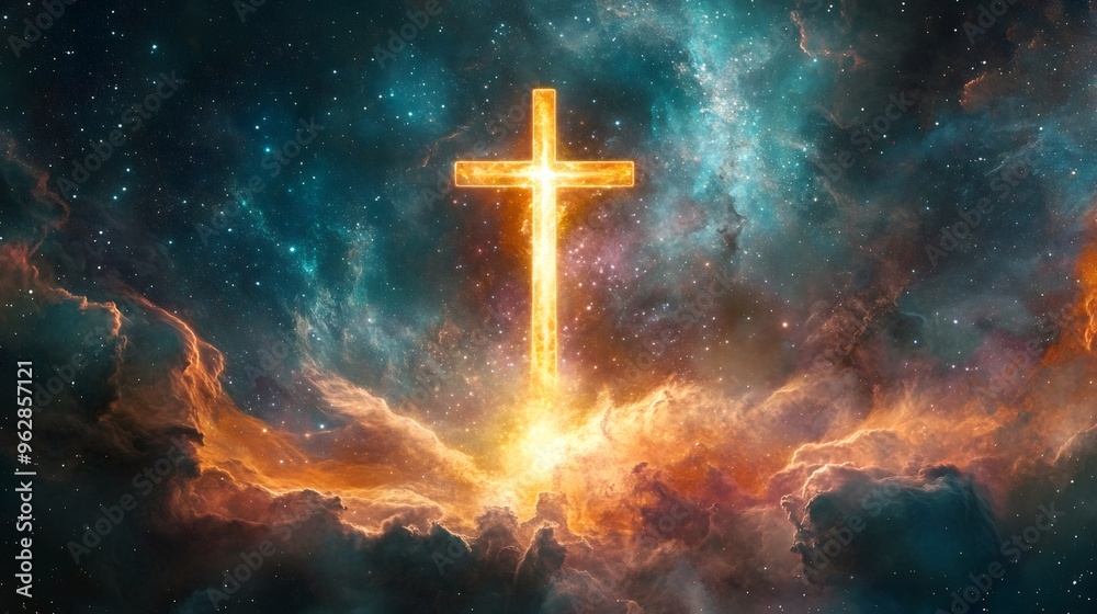 A glowing golden cross in a starry nebula. A glowing golden cross in a starry nebula.