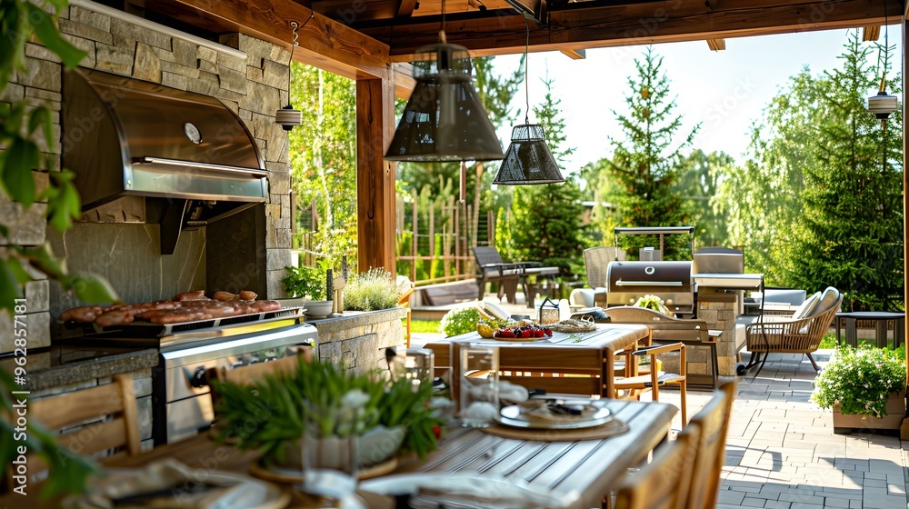 Fototapeta premium Outdoor Kitchen & Dining Area with Grill and Patio Furniture