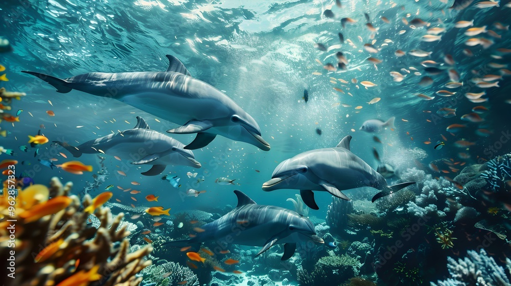 Obraz premium Dolphins Swimming in a Vibrant Coral Reef