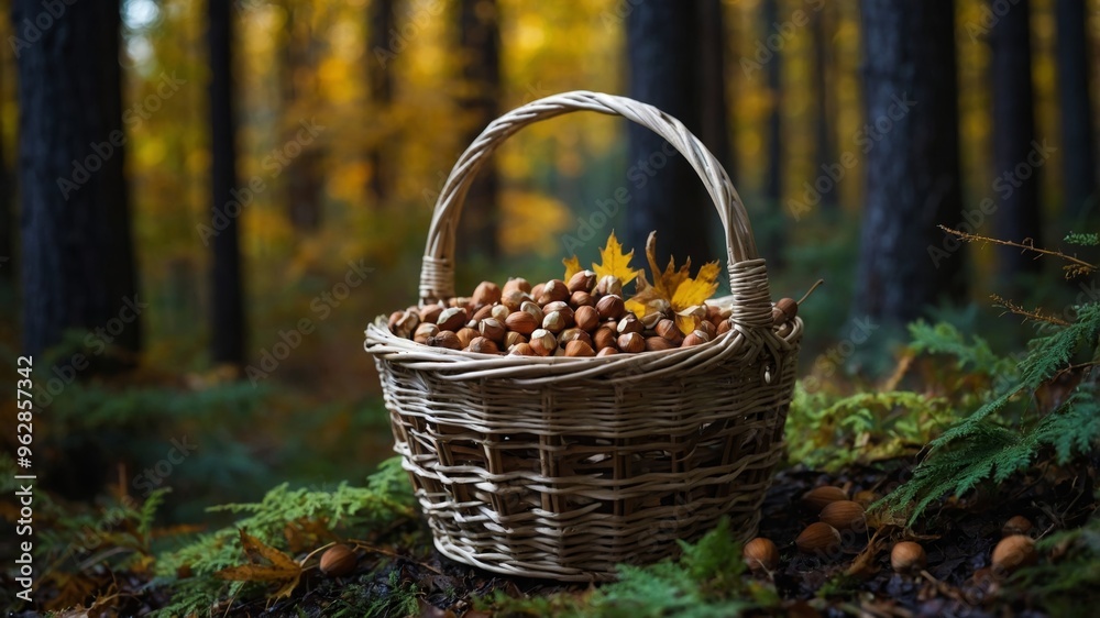 The basket overflows with freshly gathered hazelnuts amid vibrant autumn foliage The basket overflows with freshly gathered hazelnuts amid vibrant autumn foliage